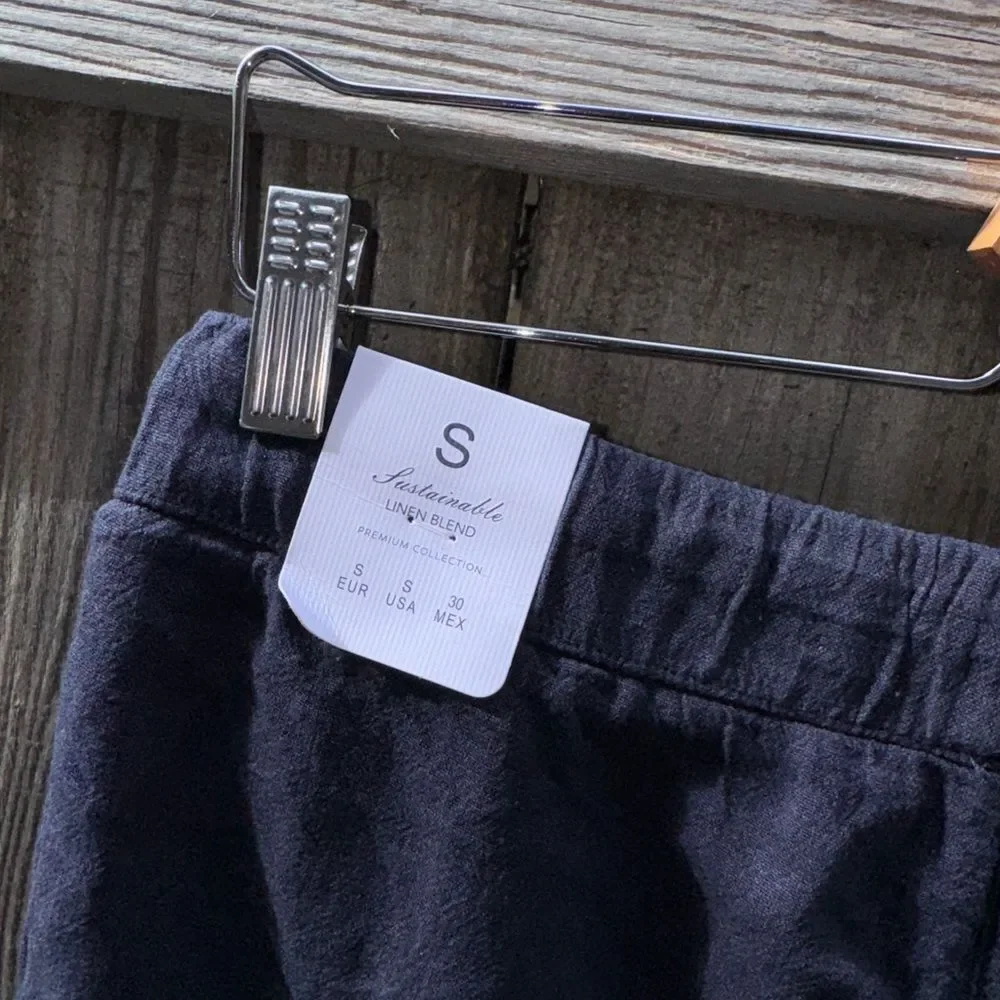 Porter & Ash Navy Blue Linen Blend Drawstring Shorts Size Small